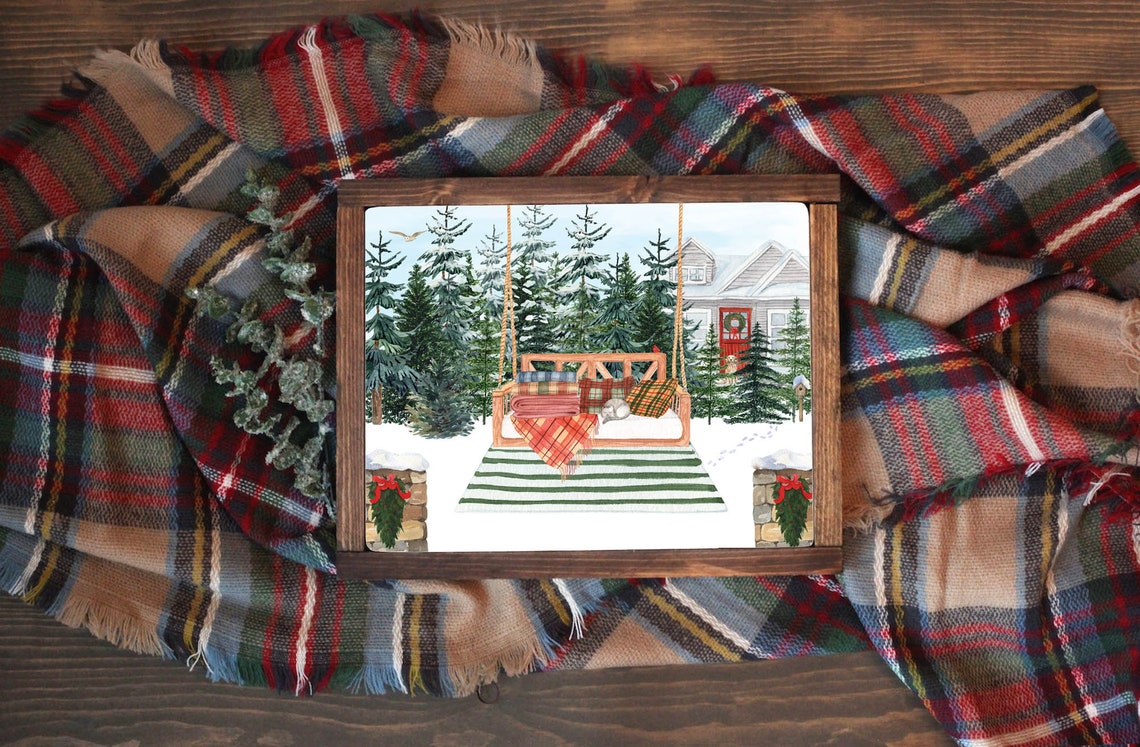 Snowy Porch Swing With Sleeping Cat Christmas Cabin Scene Wall Art - Image 2