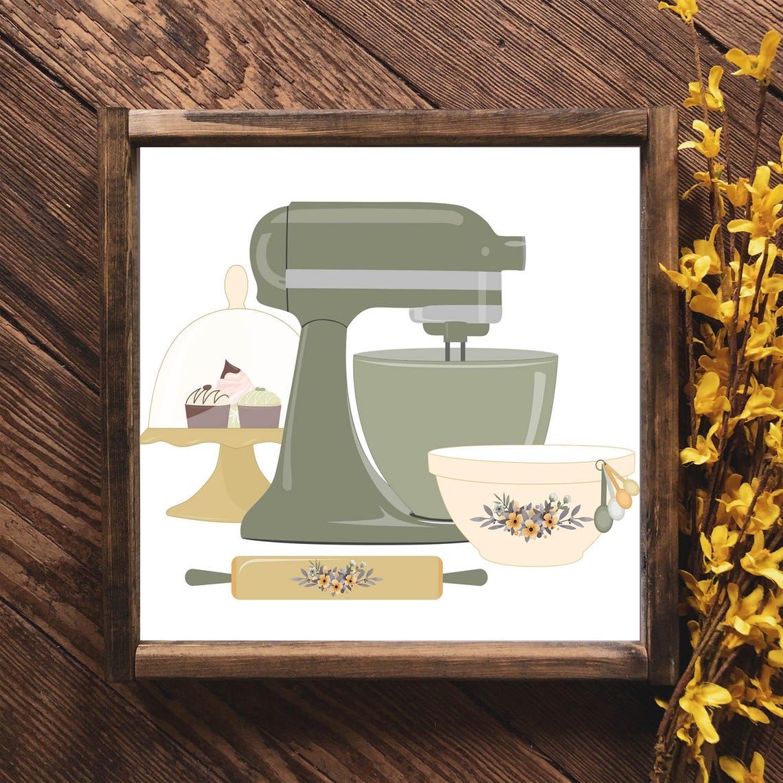 Sage Green Stand Mixer Baking Kitchen Illustration Floral Bowl Poster - Image 4