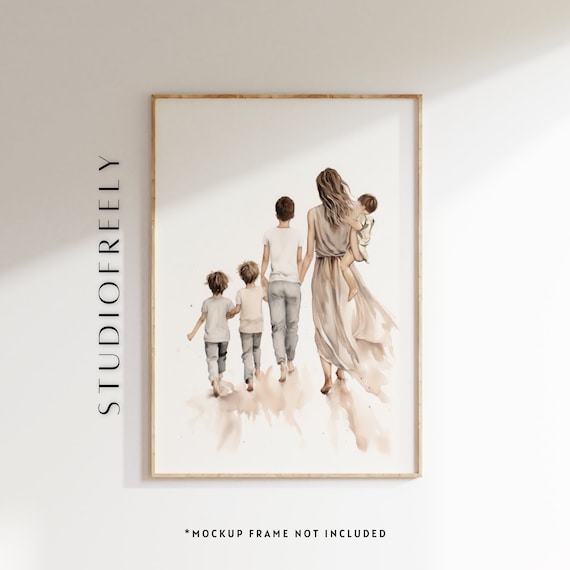 Beige Watercolor Family Portrait Mom With Four Sons Walking Art Poster