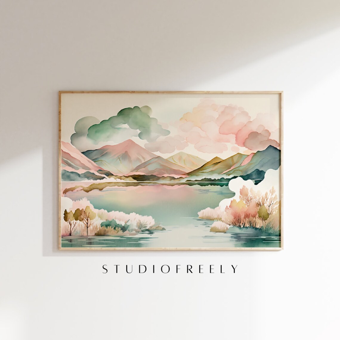 Pastel Mountain Lake Watercolor Blush Pink Peaks Landscape Art Poster