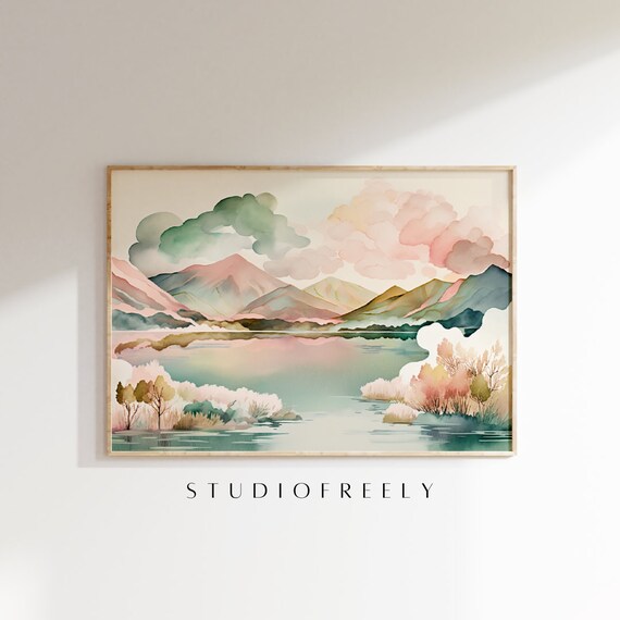 Pastel Mountain Lake Watercolor Blush Pink Peaks Landscape Art Poster
