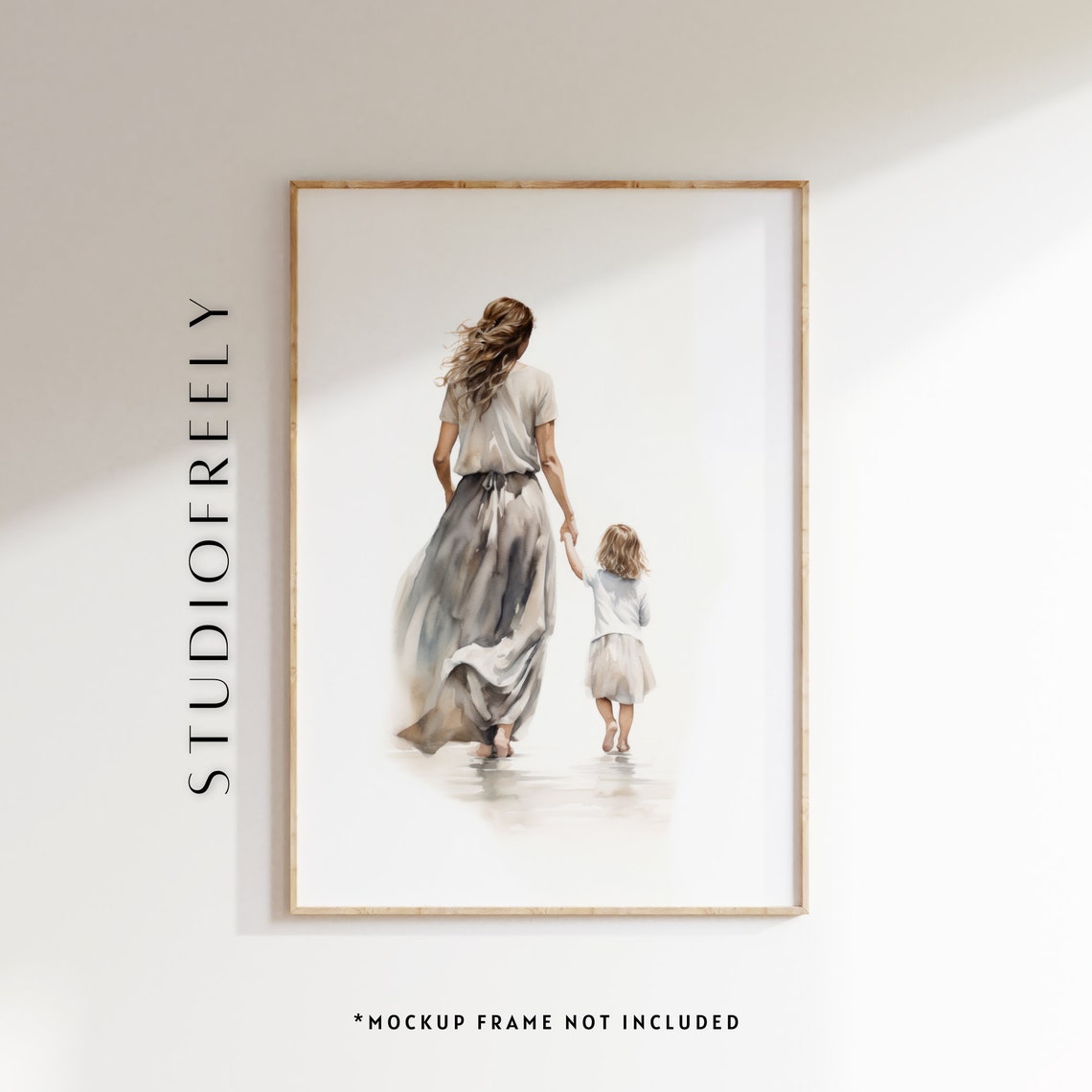 Mother Daughter Holding Hands Beach Walk Watercolor Art Poster