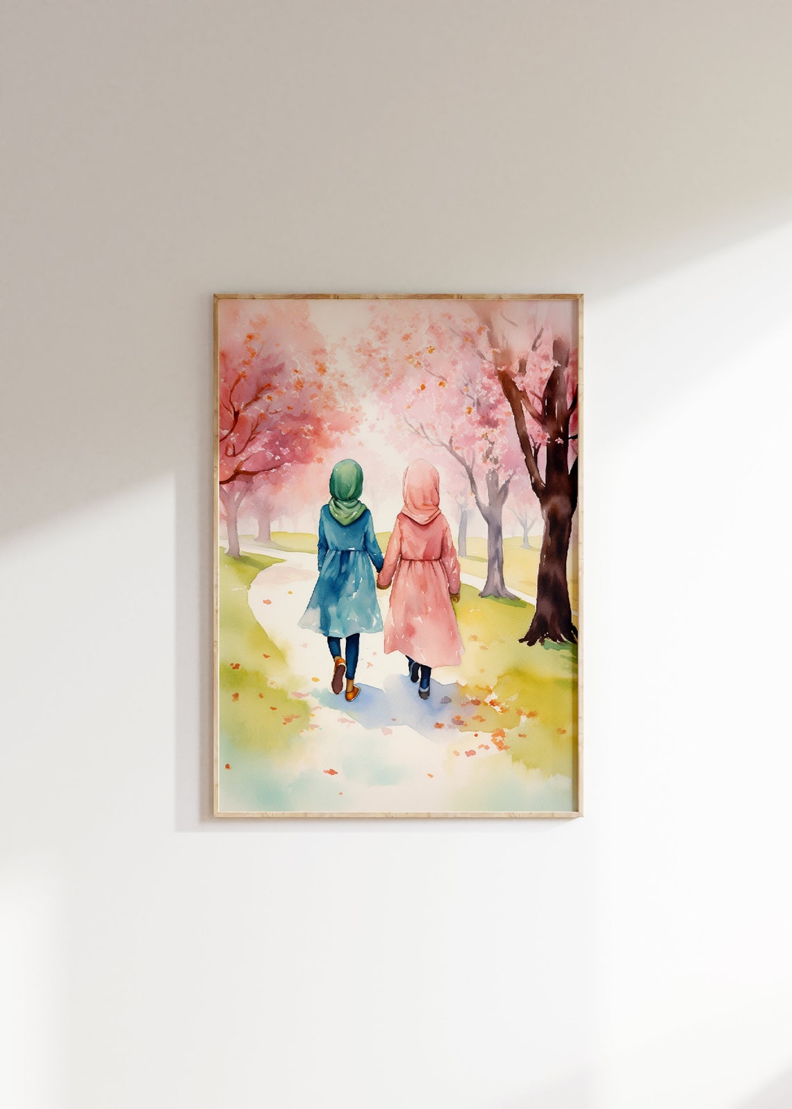 Muslim Sisters Hijab Watercolor Cherry Blossom Path Art Poster