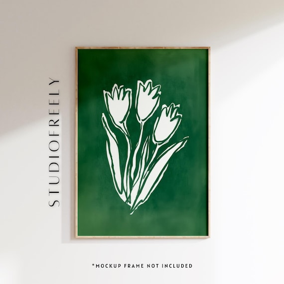 Tulip Trio White on Green Botanical Line Art Minimalist Poster