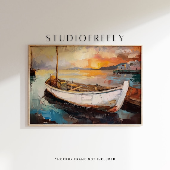 White Fishing Boat in Harbor at Sunset Mediterranean Coastal Painting Poster
