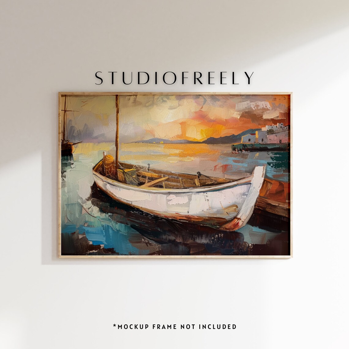 White Fishing Boat in Harbor at Sunset Mediterranean Coastal Painting Poster