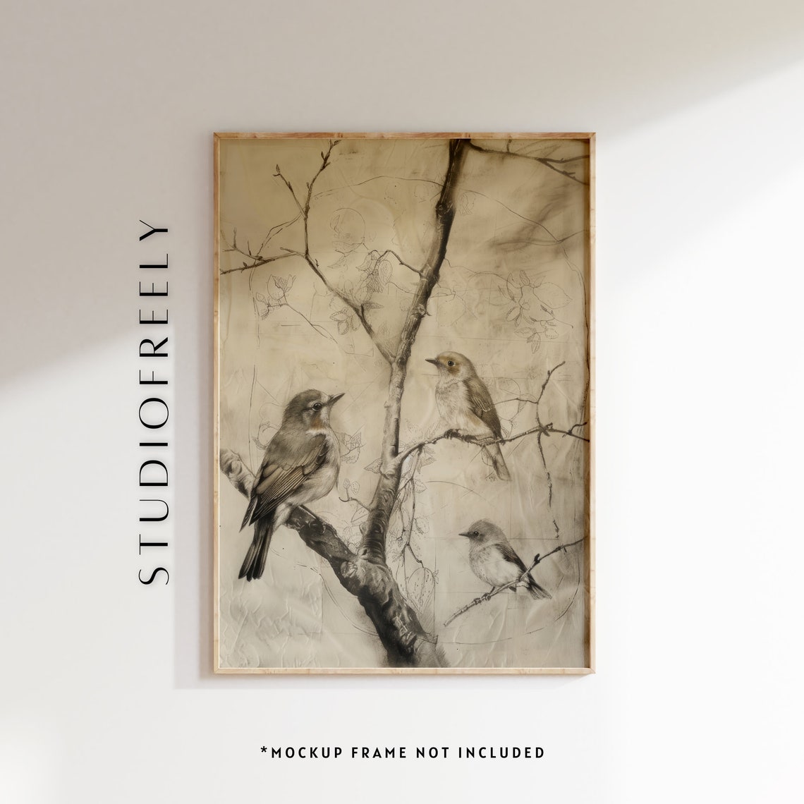 Vintage Charcoal Birds Sketch Three Songbirds on Branches Wall Art