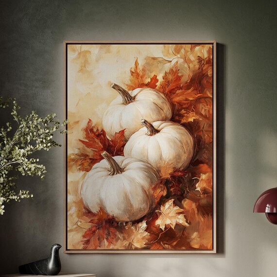 White Pumpkins With Autumn Leaves Warm Fall Still Life Poster