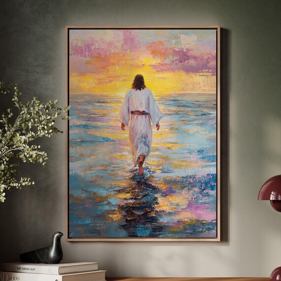 Jesus Walking On Water Colorful Sunset Seascape Faith Poster