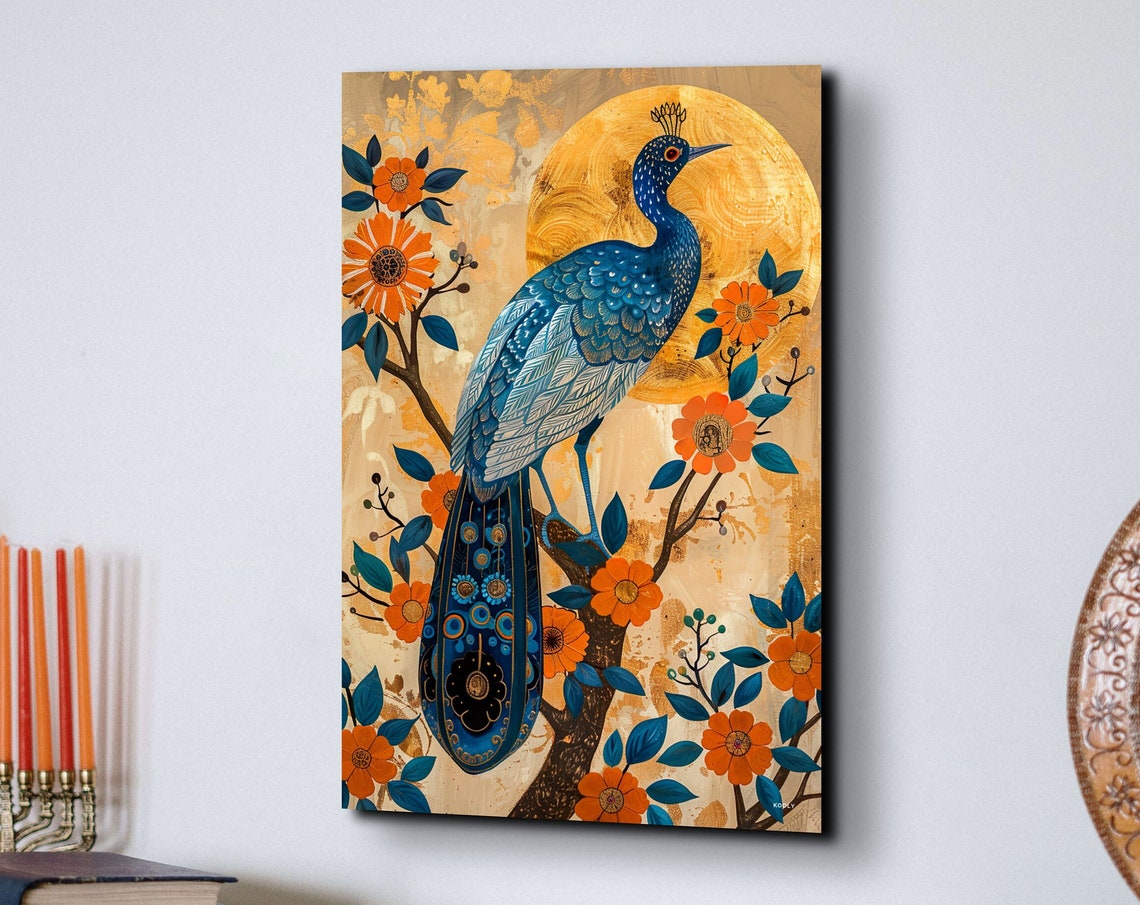 Peacock Folk Art Blue Gold Blossom Decorative Bird Wall Print