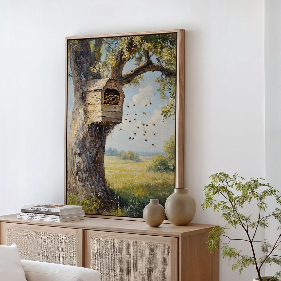 Rustic Bee Hive In Tree Country Meadow Bees Vintage Painting Poster