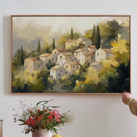 Charming Mediterranean Village Wall Art In Warm Yellow And Green Tones For Rustic Or Cottage Inspired Home Decor