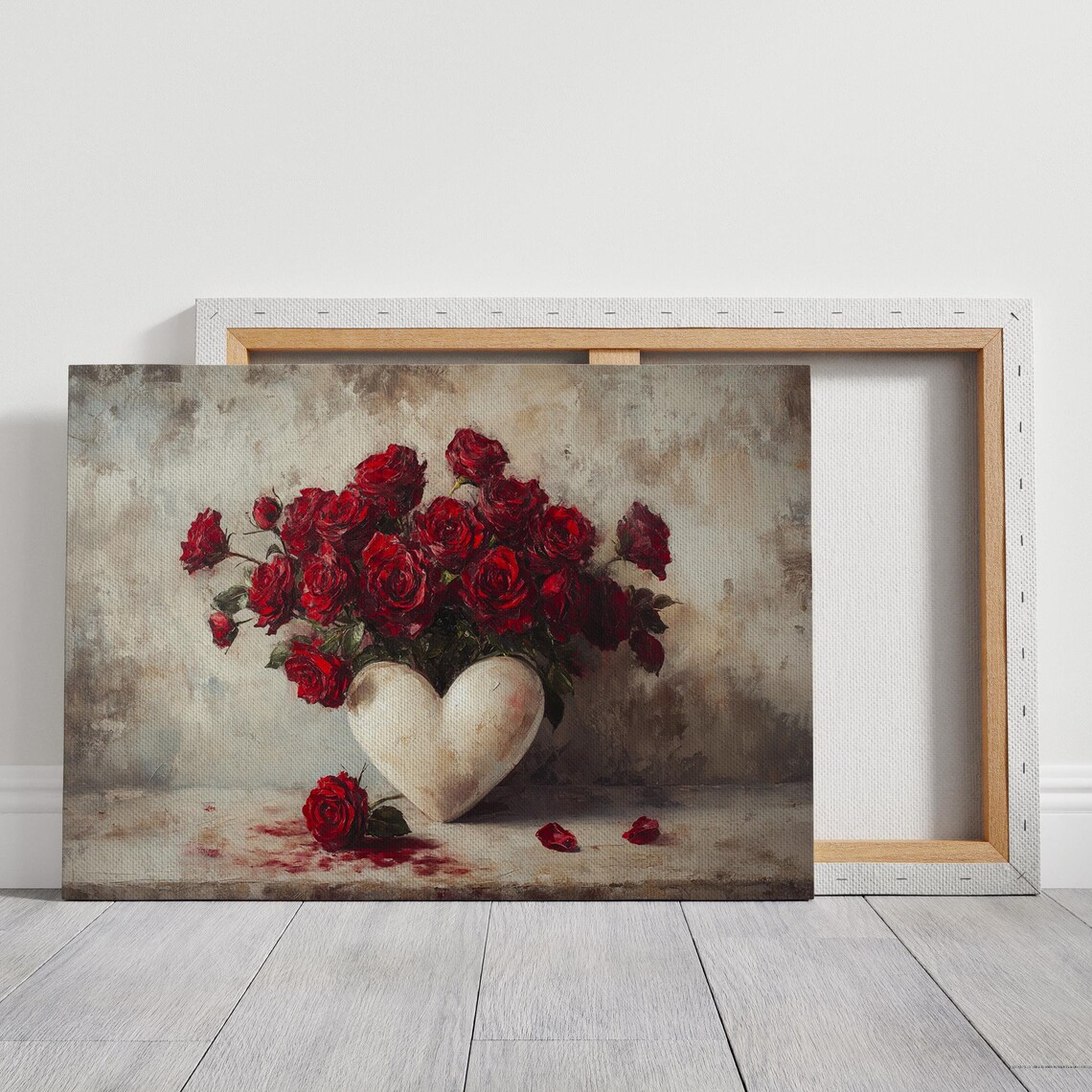 Red Roses In White Heart Vase Romantic Floral Oil Painting Poster