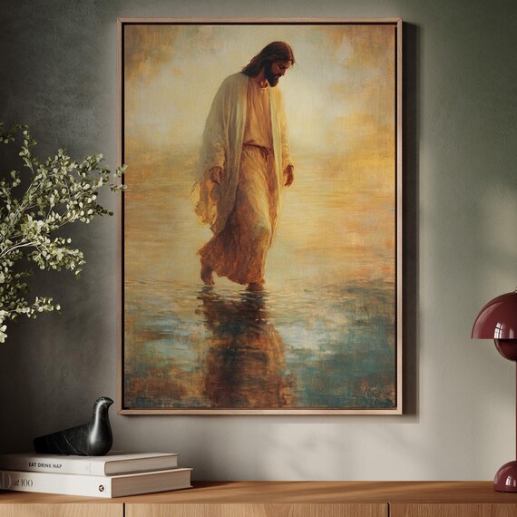 Jesus Walking on Water at Golden Sunrise Over Calm Seas Poster