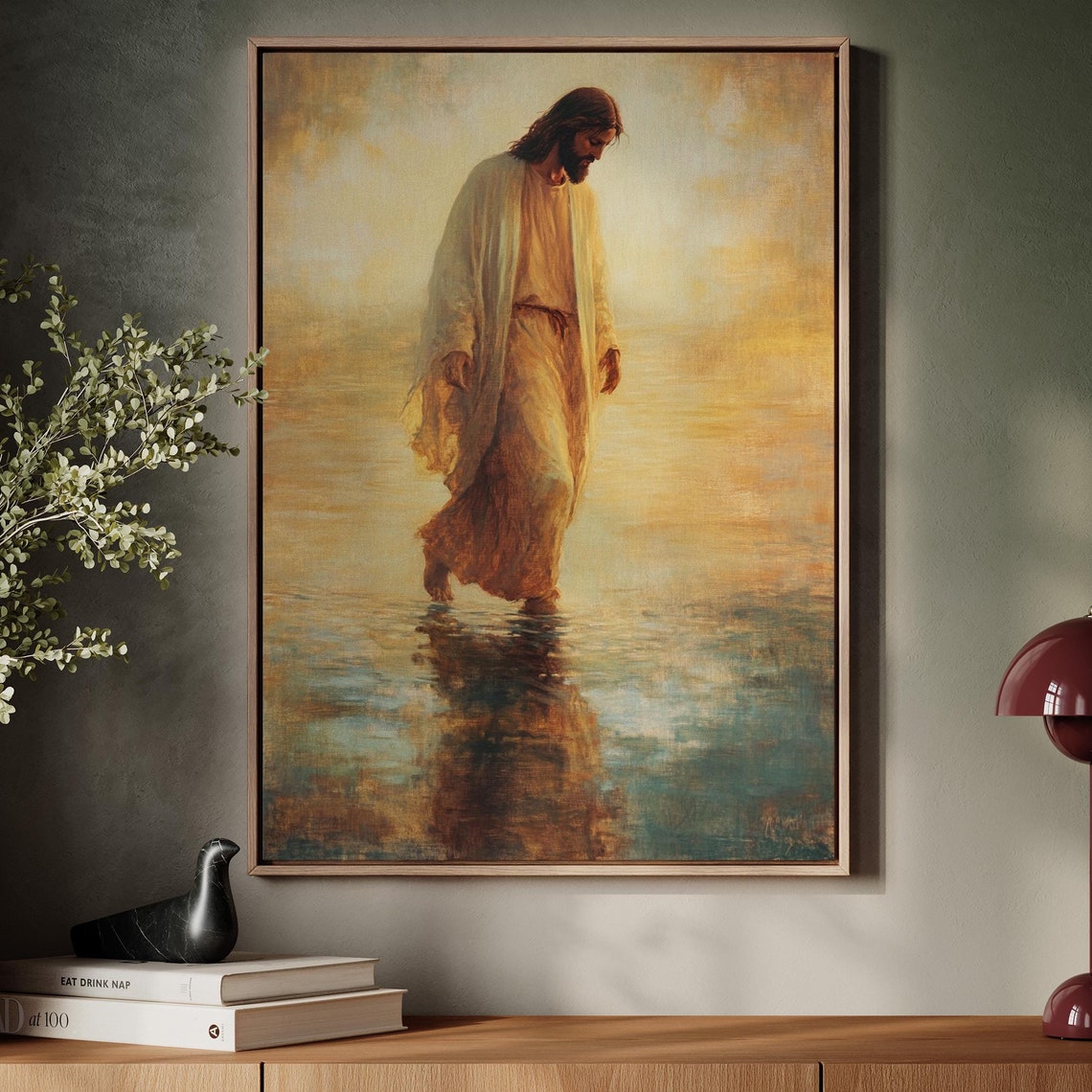 Jesus Walking on Water at Golden Sunrise Over Calm Seas Poster