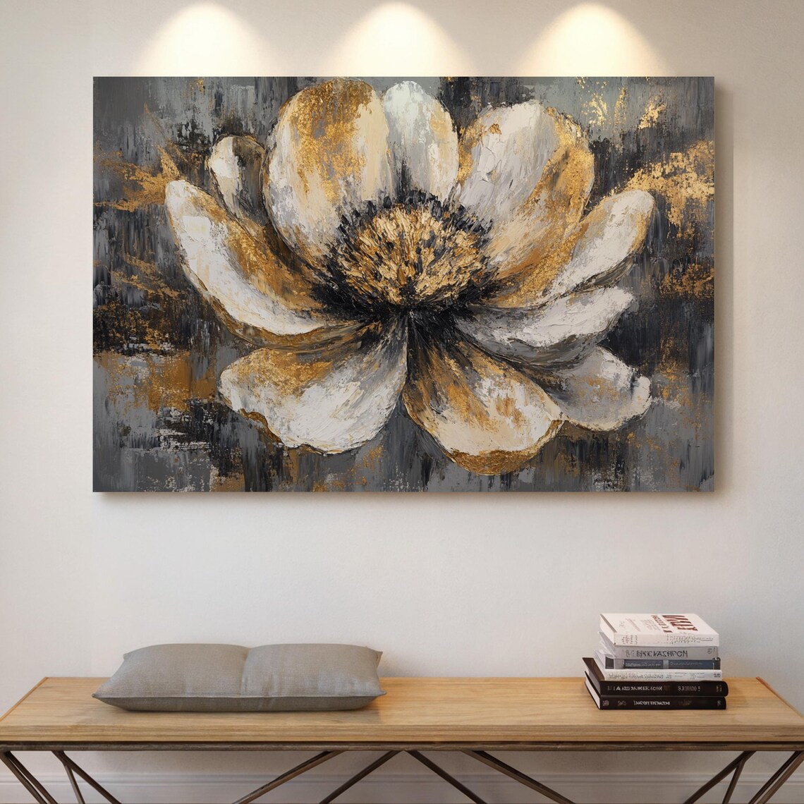 White Gold Abstract Flower Gray Textured Oil Painting Style Poster
