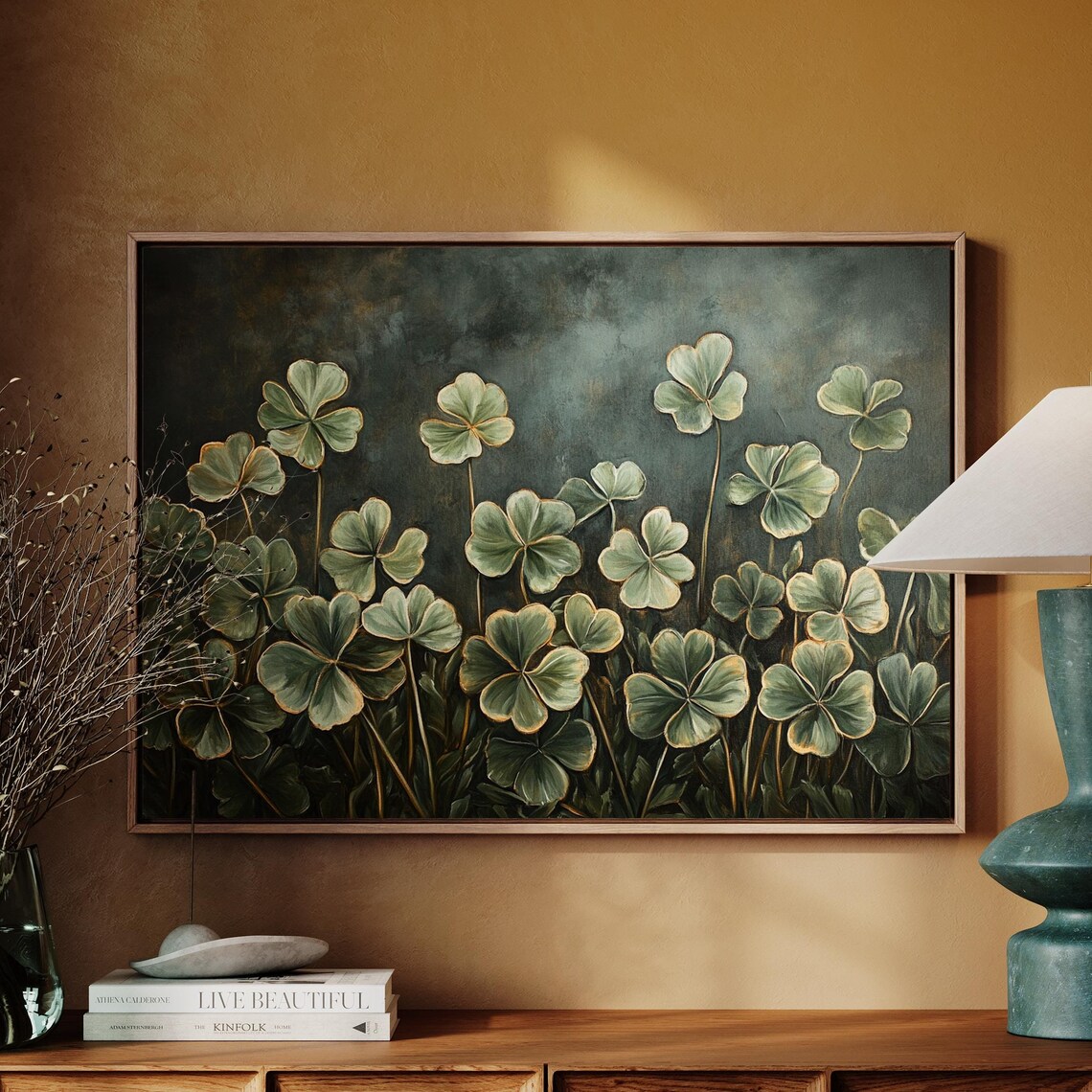 Golden Outlined Clover, Rustic Home Office Decor