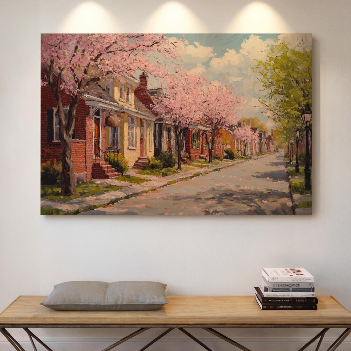 Cherry Blossom Street Springtime Brick Townhouse Row Scene Wall Art
