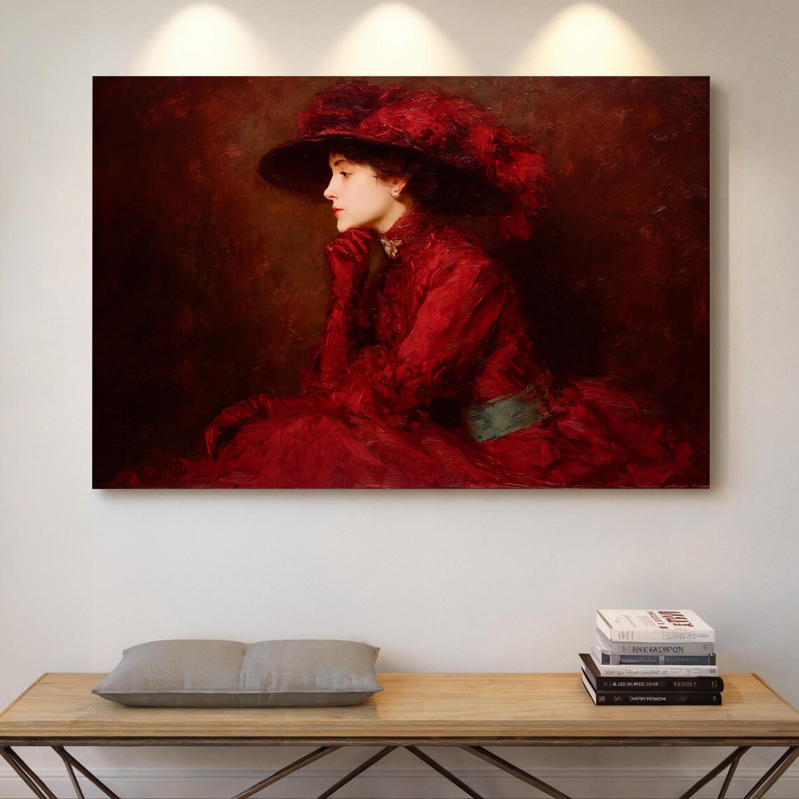 Lady In Red Victorian Dress Canvas Elegant Woman Widebrim Hat Vintage Oil Painting Portrait With Timeless Antique Charm