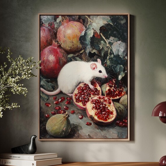 White Mouse With Pomegranates Art Vintage Oil Painting Style Animal And Fruit Poster For Rustic Or Modern Wall Decor