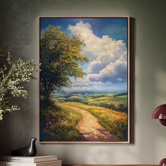 Golden Countryside Path Under Dramatic Sky Rolling Hills And Vibrant Fields Landscape Wall Art Serene Nature Home Decor