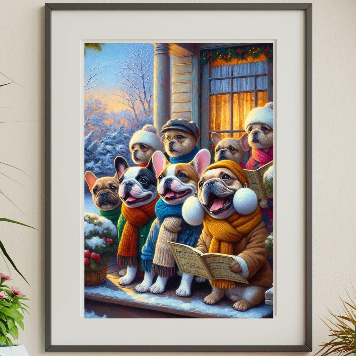 French Bulldogs Caroling with Songbooks on a Snowy Porch Poster
