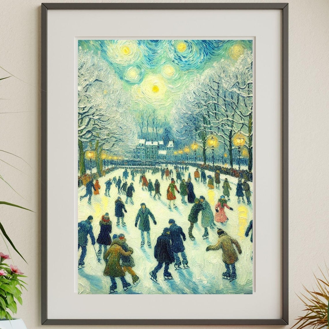 Van Gogh Style Ice Skaters In Snowy Park Night Winter Poster