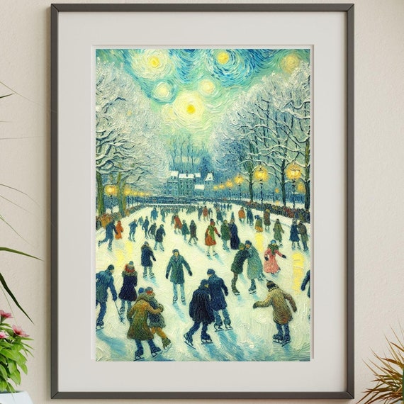 Christmas Wall Art Vintage Ice Skating In The Park Wall Art Van Gogh Style Winter Wonderland Painting For Home Decor Printables