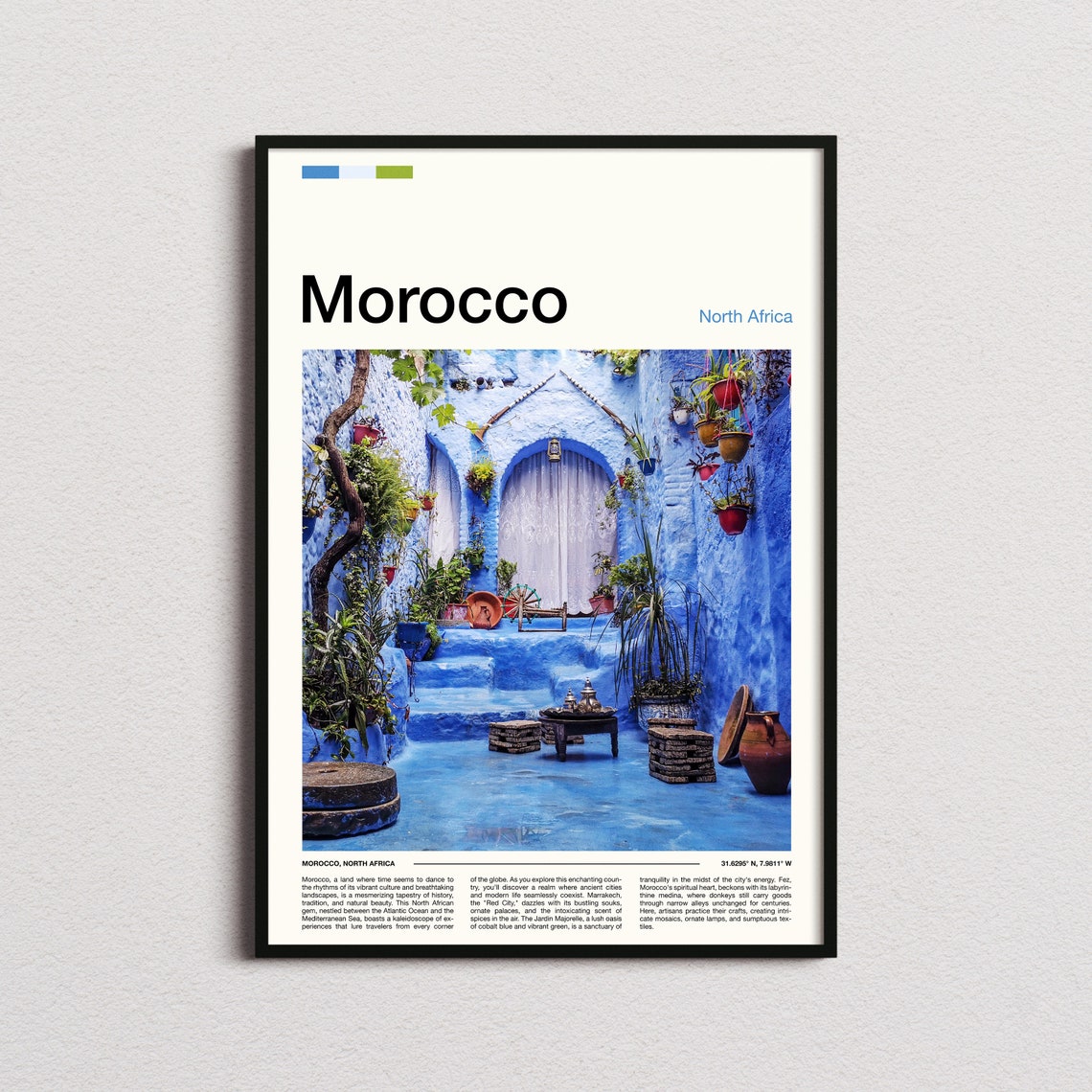Morocco Blue Painted Alleyway Courtyard Potted Plants Travel Poster