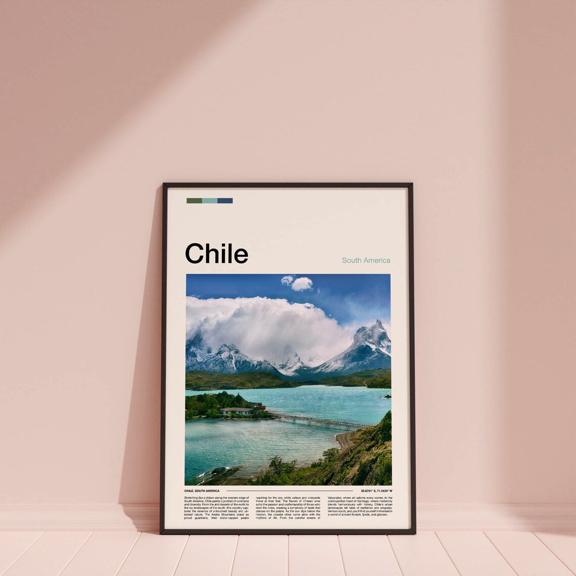 Chile Patagonia Snow Capped Peaks Turquoise Lake Travel Poster - Image 3