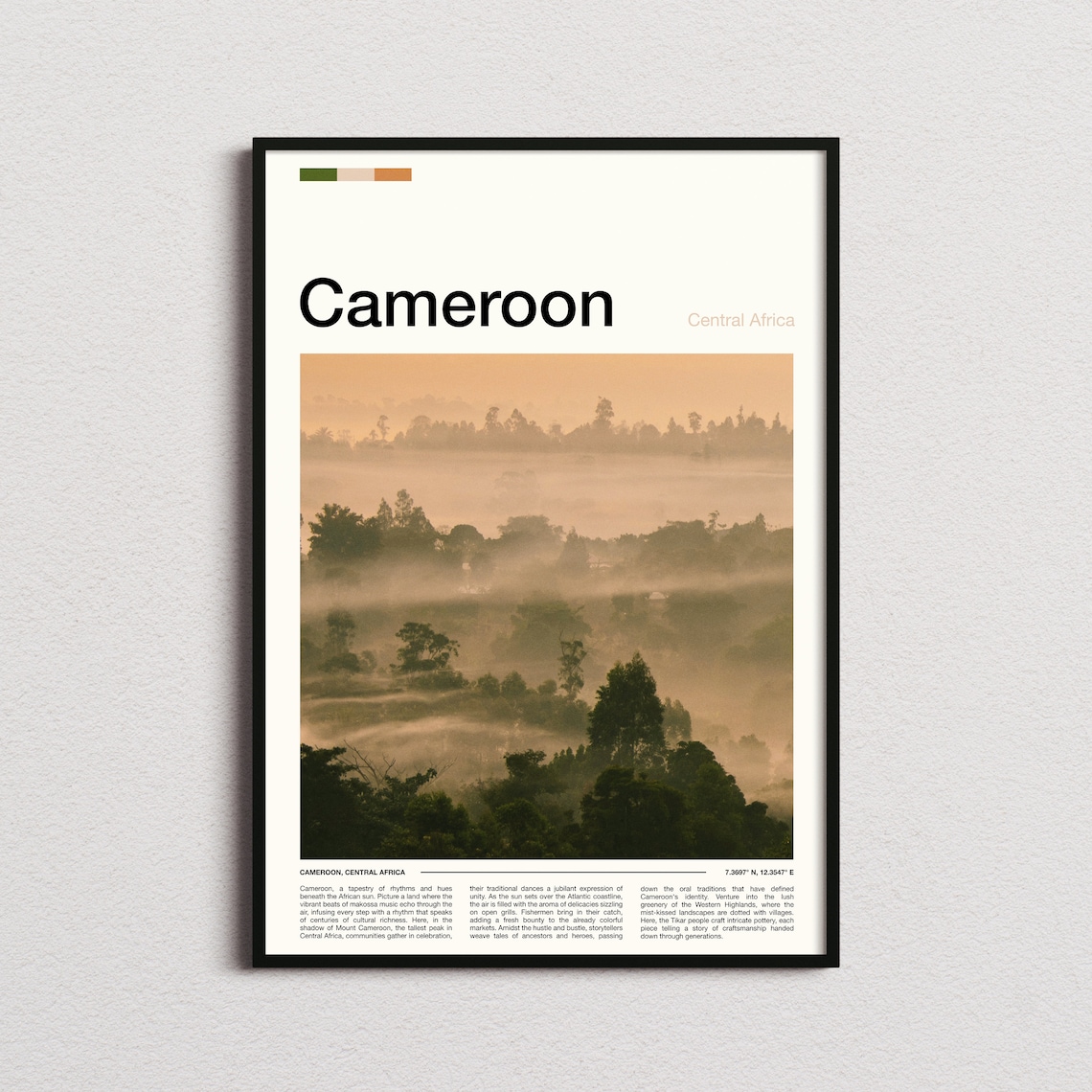 Cameroon Central Africa Misty Forest Sunrise Minimalist Travel Poster