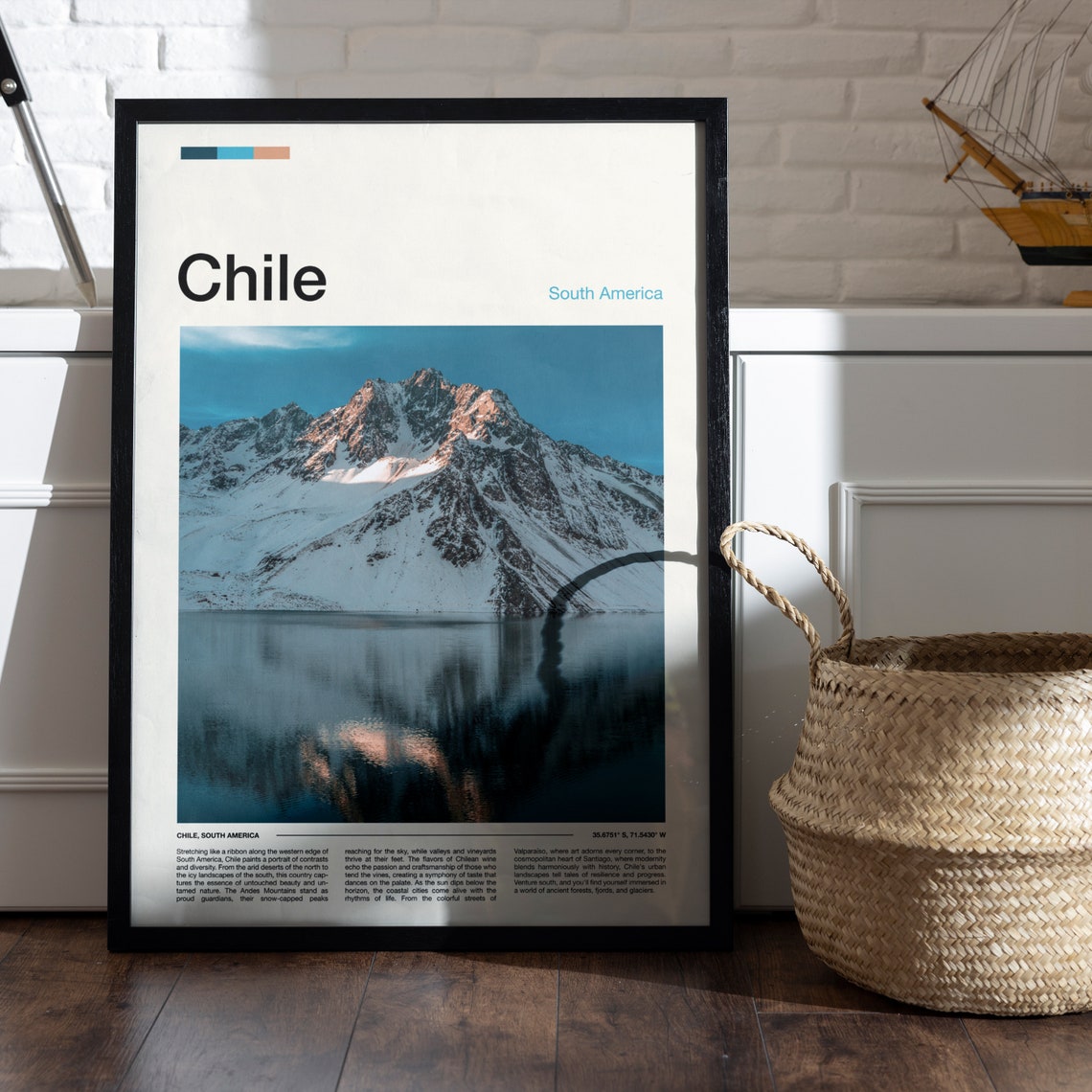 Chile Andes Snow Peak Mirror Lake Reflection Minimalist Travel Poster - Image 4