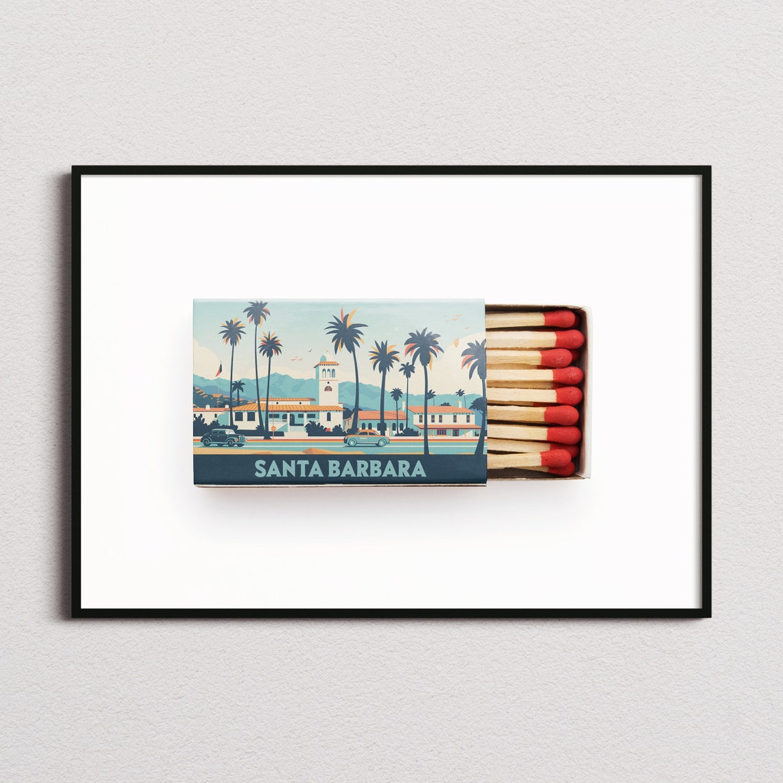 Santa Barbara California Mission Palm Retro Matchbox Art Poster