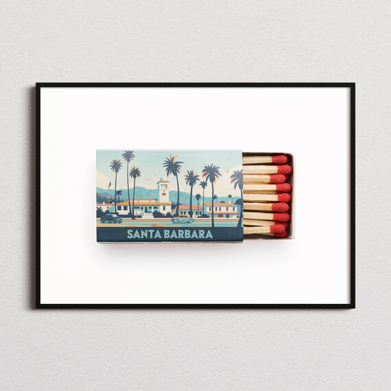 Santa Barbara California Mission Palm Retro Matchbox Art Poster