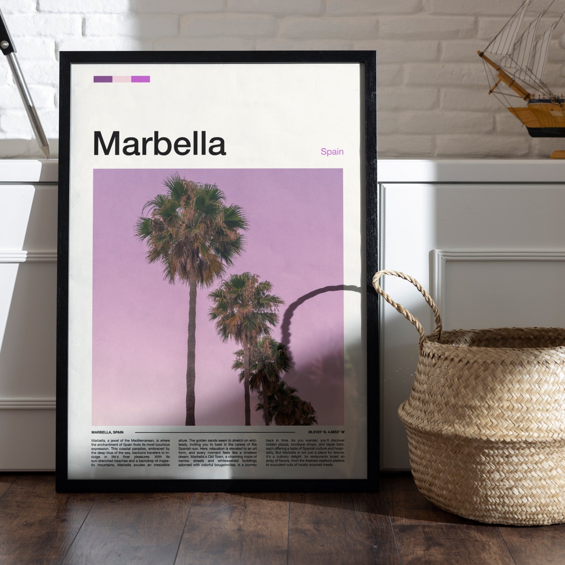 Marbella Spain Palm Trees Pink Sunset Coastal Travel Art Poster - Image 4
