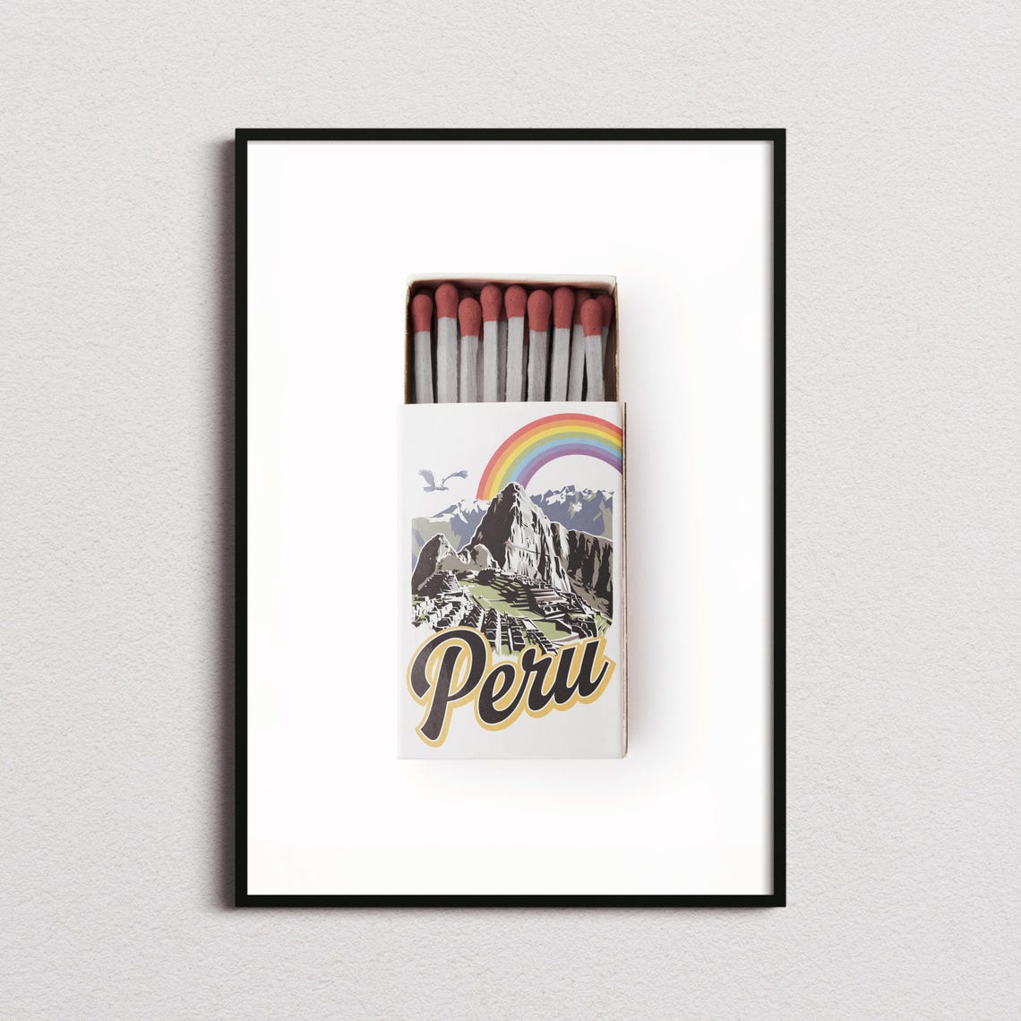 Peru Machu Picchu Matchbox Style Art with Rainbow and Condor Poster