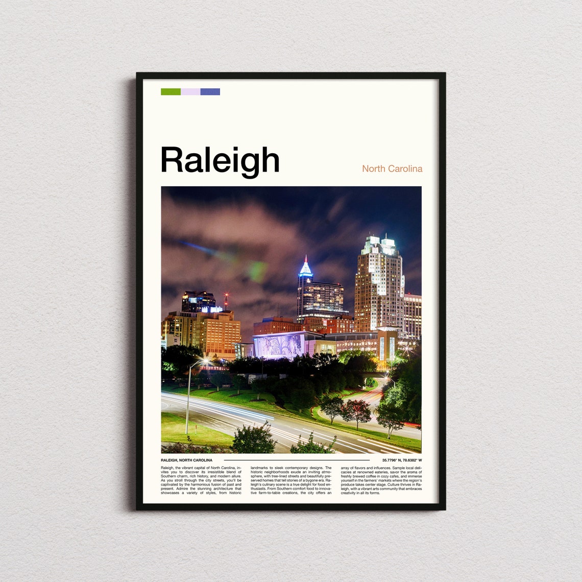 Raleigh North Carolina Night Skyline Minimalist Photo Poster