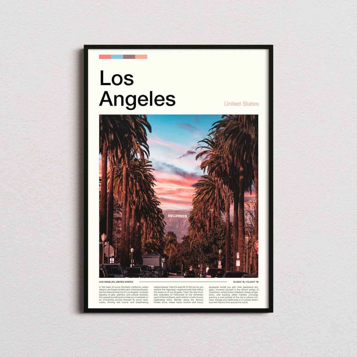 Los Angeles California Palm Lined Street Hollywood Sign Poster