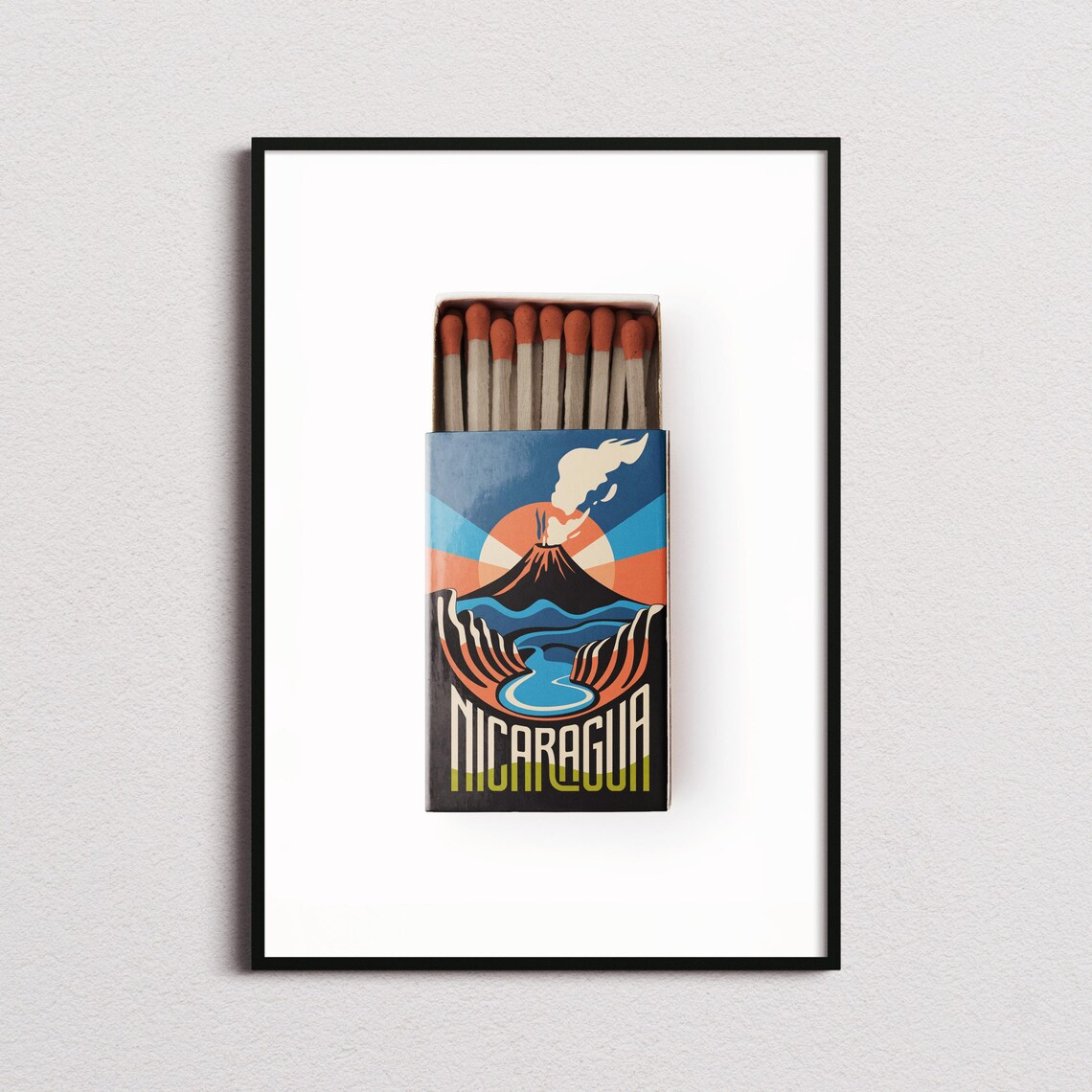 Nicaragua Matchbox Volcano River Sunset Vintage Travel Art Poster