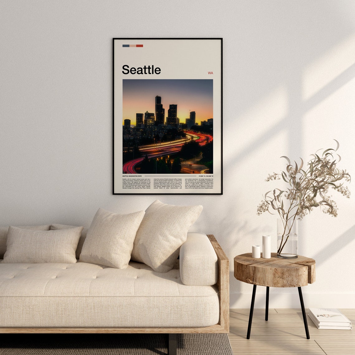 Seattle Washington Sunset Skyline With Freeway Light Trails Poster - Image 3