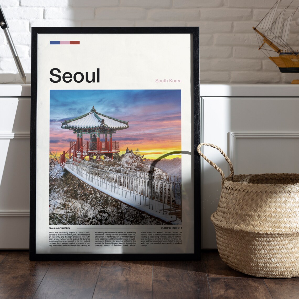 Seoul South Korea Winter Temple Pavilion Snowy Sunset Photo Poster - Image 5