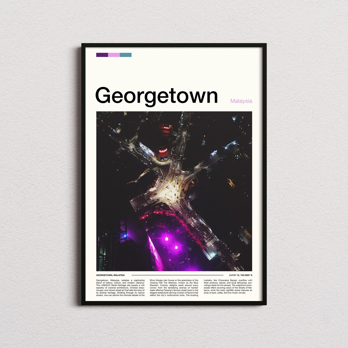 Georgetown Malaysia Night City Lights Aerial Minimalist Travel Poster