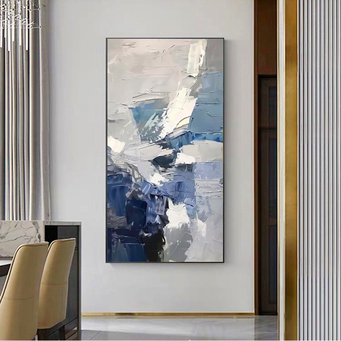 Blue Grey Abstract Vertical Palette Knife Modern Art Painting Poster - Image 3