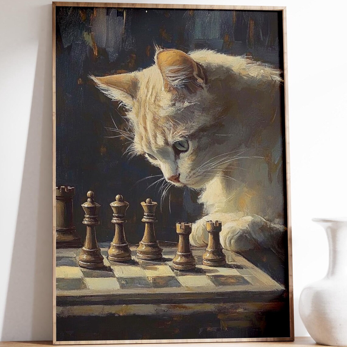 Curious Ginger Cat Examining Chess Board Classic Oil Painting Poster