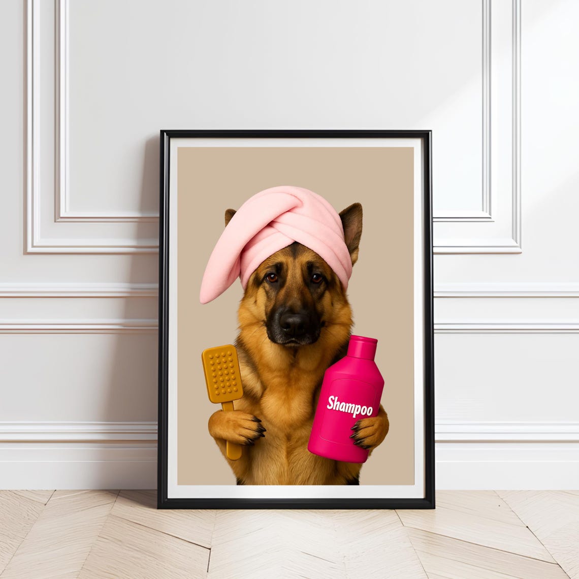 Funny German Shepherd Spa Poster Dog Shampoo Brush Bathroom Art
