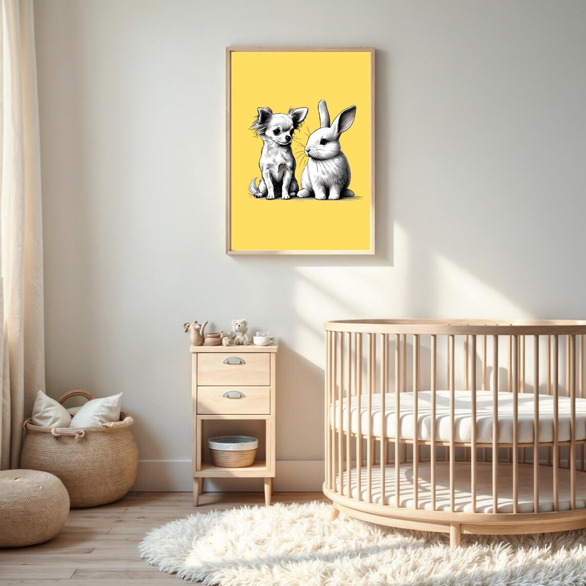 Chihuahua And Bunny Friends Minimalist Line Art Yellow Nursery Poster