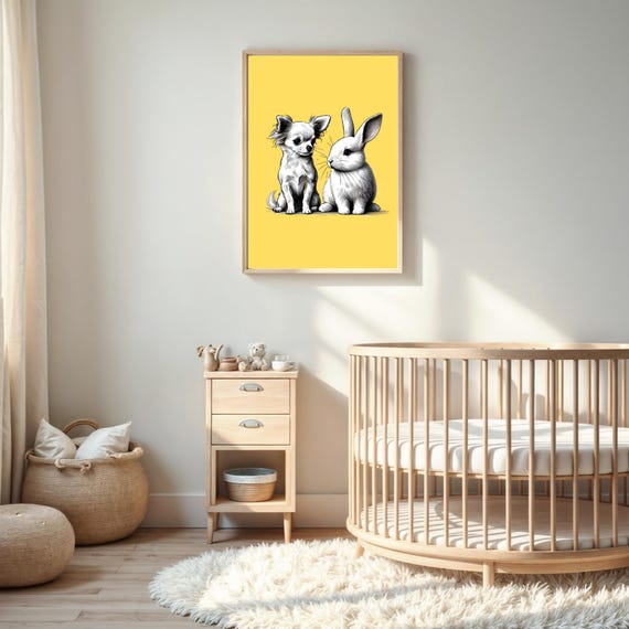 Chihuahua And Bunny Friends Minimalist Line Art Yellow Nursery Poster