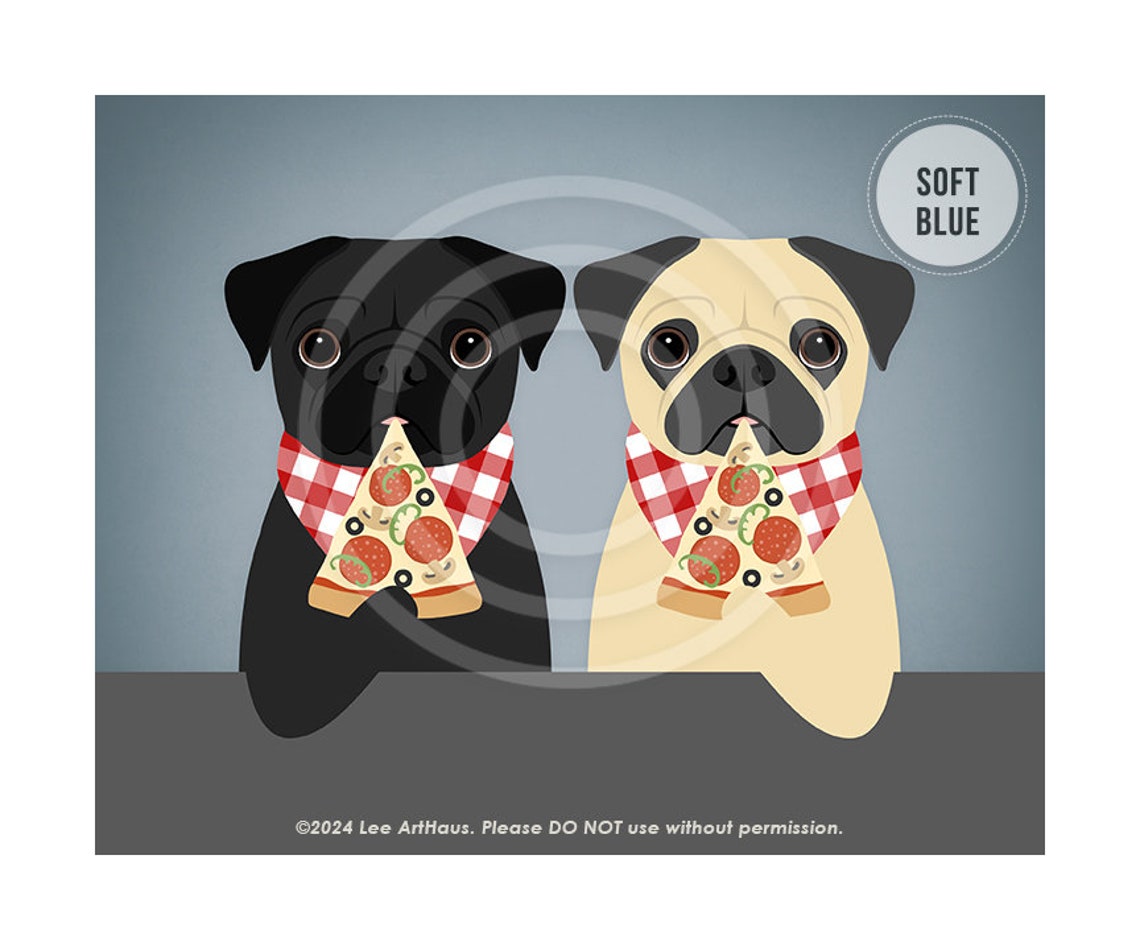 Two Pugs Eating Pizza With Checkered Bibs Cute Funny Dog Art Poster - Image 4