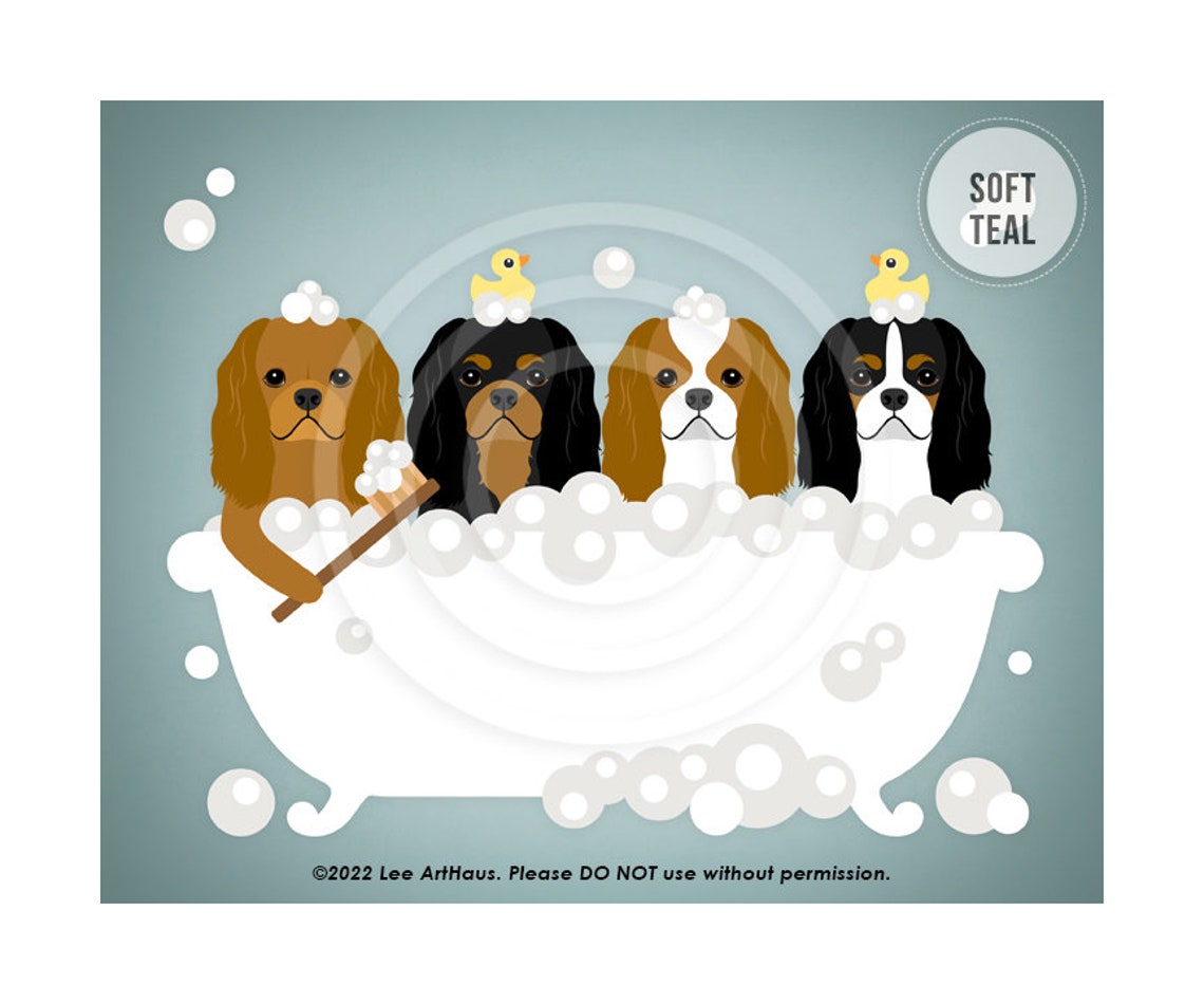 Four Cavalier King Charles Spaniels Bubble Bath Funny Dog Poster - Image 4