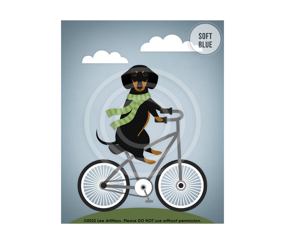 Black And Tan Dachshund Riding Bicycle Green Scarf Bright Poster - Image 2